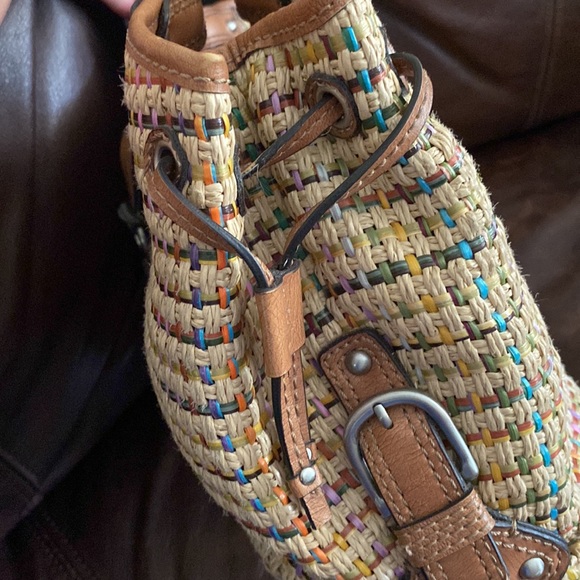 Fossil Handbag with Wooden Top Handle Straw/Plaid pattern - Picture 6 of 17